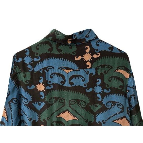 NEW Oliphant Womens Size Medium Button Down Blue & Teal Uzbek Printed Blouse - Picture 5 of 9